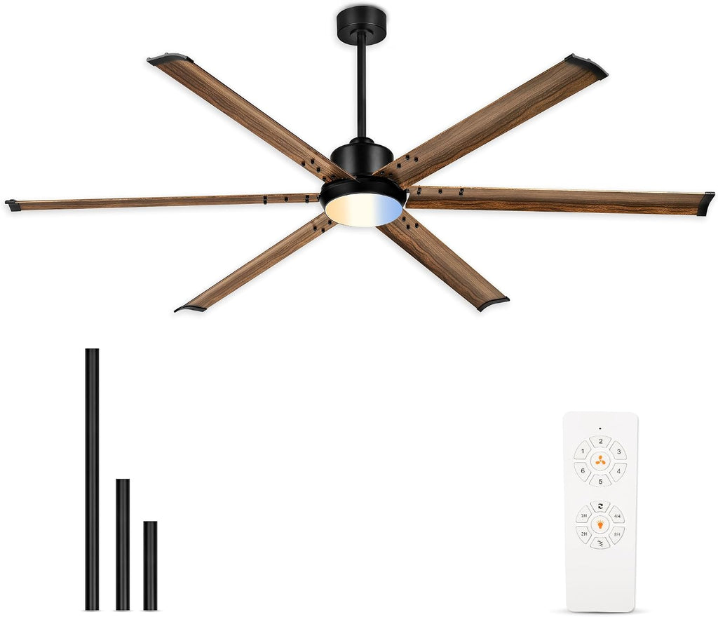 72 Inch Ceiling Fan with Light, Industrial Aluminum Blades, DC Motor 6 Speed Reversible,Covered Outdoor Patio Garage,Black & Walnut,CF06WD-72