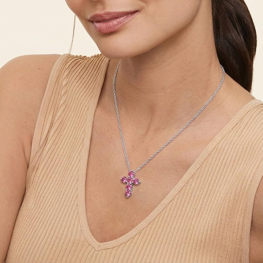 GOODSTONE JEWELS 925 Sterling Silver Cross Pendant Necklace for Women | Size 16+2 Inch Cable Chain with Lobster Clasp | Natural Birthstone Jewelry Gift for Her