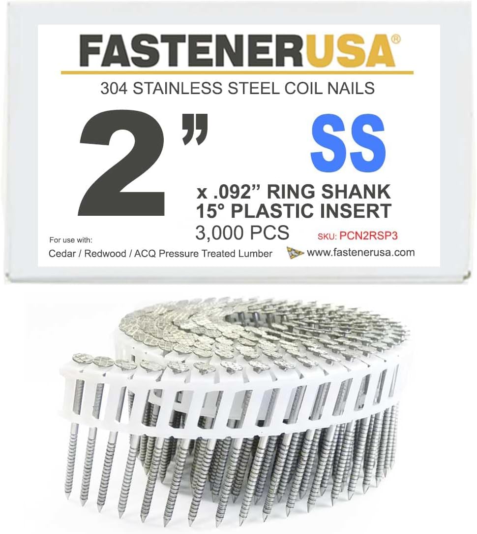 2' x .092 Ring 304SS Coil Nails 15-DEG Plastic 3,000ct