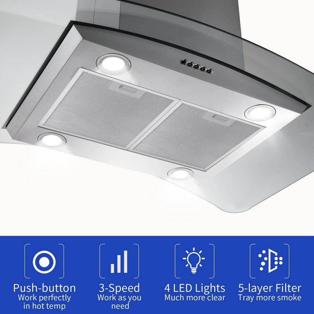 JOEAONZ Island Range Hood 36 inch 700 CFM, Ceiling Mount Kitchen Vent Hood Ducted/Ductless Convertible, 4 LED Lights 5-Layer Filters Extractor Stove Exhaust Fan, Curved Tempered Glass Stainless Steel