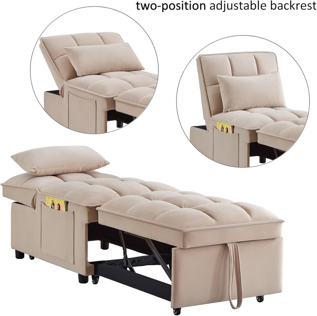 KEIKI Velvet Single Convertible Sleeper Chair Sofa Bed with Adjustable Backrest, Pillows & Storage Pockets, 3 in 1 Pull-Out Couch Chaise Lounge Recliner for Living Room Balcony Bedroom, Taupe