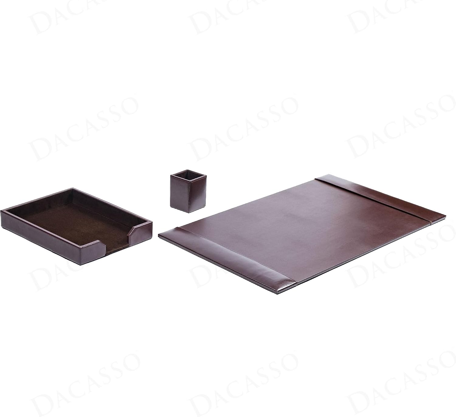 Dacasso Brown Bonded Leather Luxury 3 Piece Desk Set - Blotter Pad & Desk Organization Essentials - Executive Decor and Surface Protector