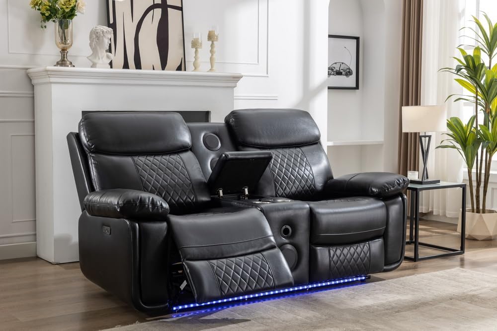 KEIKI Power Reclining Sofa Set with 1 Oversized Technical Leather Loveseat Sofa, Electric Control 2 Seat Couch Set with Cup Holder, Storage Armrest for Living Room, Black