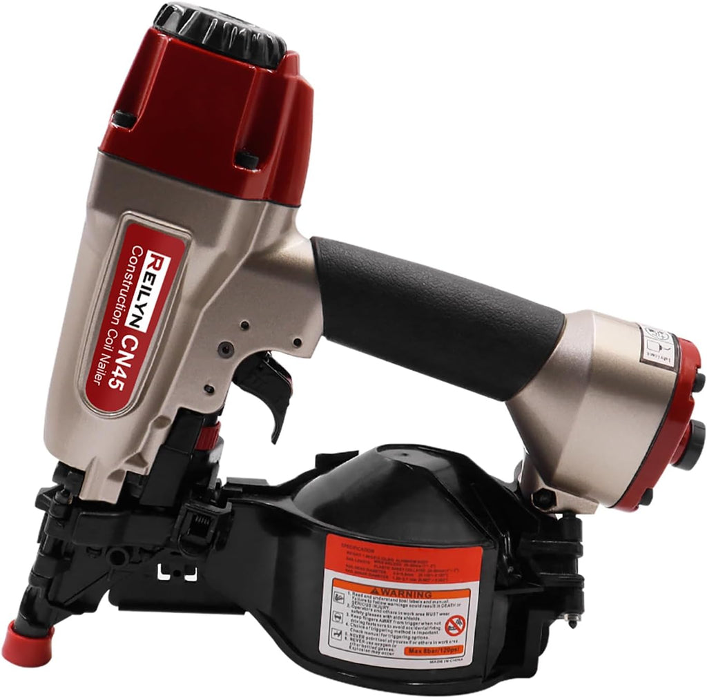 CN45 Pneumatic Framing Nail Gun,15 Degree 3/4' to 1-3/4' Coil Siding Nailer Pneumatic Roof Nail Gun for Siding Sheathing Wooding Fencing Decking