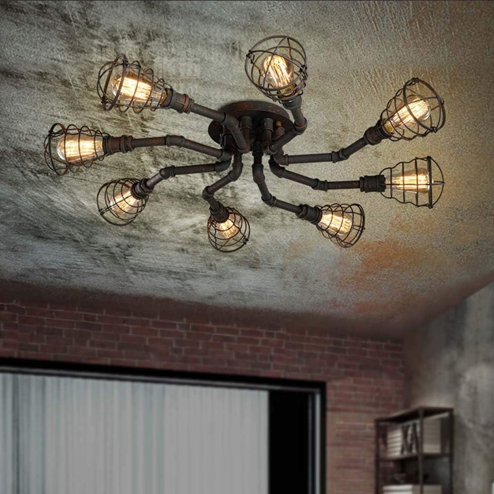 8 Lights Industrial Cage Pipe Ceiling Light-LITFAD Retro Rustic Iron Vintage Hanging Pendant Light Edison Ceiling Chandelier LED Semi-Flush Fixtures