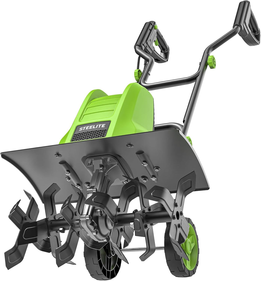 STEELITE 18 Inch Width Electric Tiller Cultivator, 8.7-Inch Depth Electric Rototiller with 24 Durable Steel Tines, 13.5 Amp Corded Cultivator for Gardening, 2-Adjustable Wheels for Garden Lawn Yard