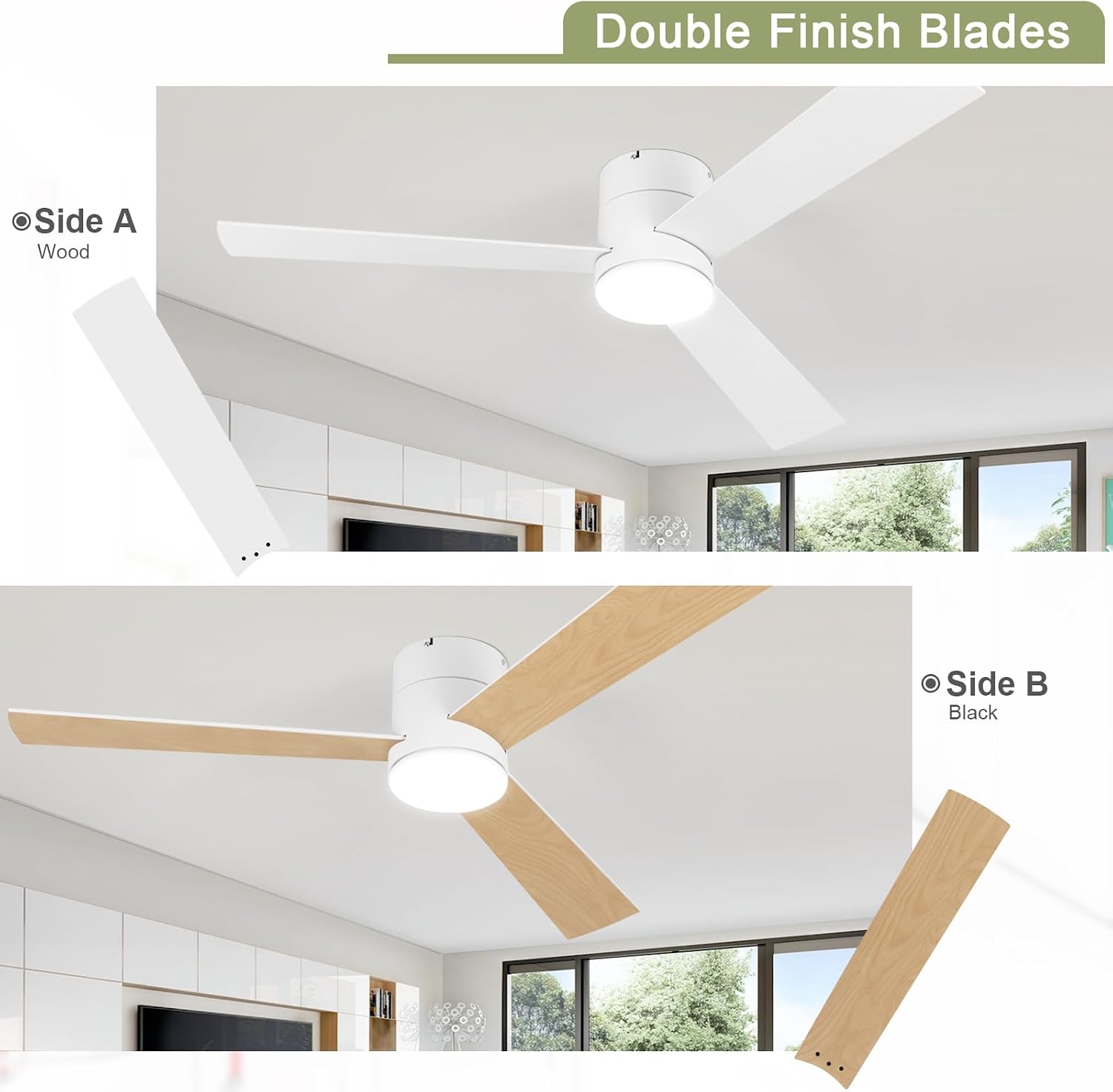 GESUM Flush Mount Ceiling Fan with Lights, 52' Low Profile Ceiling Fans with Remote Control, Dimmable, Quiet DC Motor, Reversible, Outdoor Ceiling Fans for Patios Bedroom Kitchen Porch