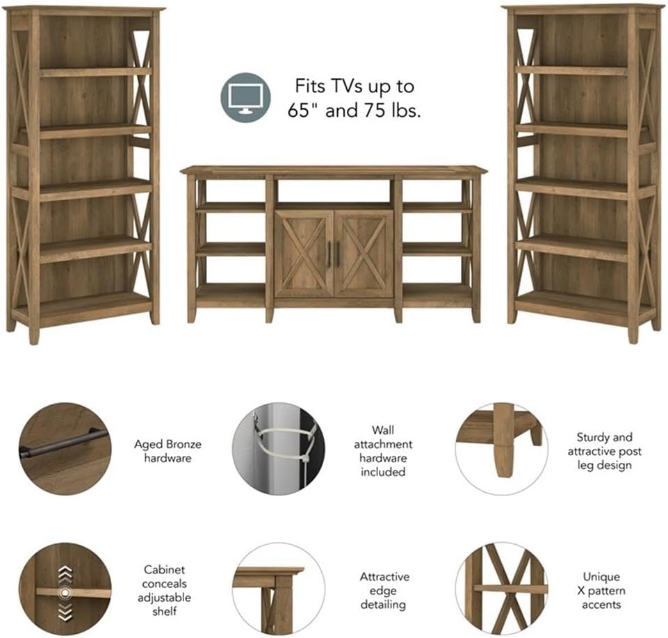 Bush Furniture Key West Tall TV Stand with Set of 2 Bookcases, Farmhouse Entertainment Center for 65 Inch Television, 17D x 60W x 66H, Reclaimed Pine