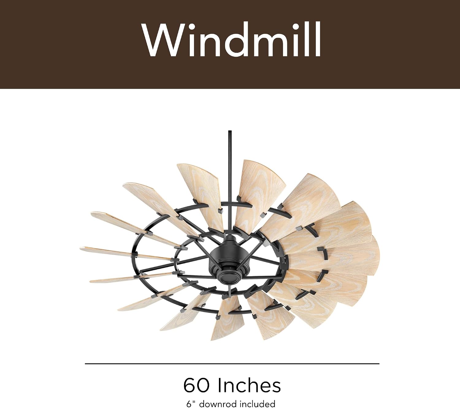 Quorum 195210-69 Windmill 52 Inch Ceiling Fan | 10 Blade Wagon Wheel Design | 6 Speed Reversible DC Motor | Remote Control Included | Damp Rated Fan | Weathered Oak Blades | Textured Black Finish
