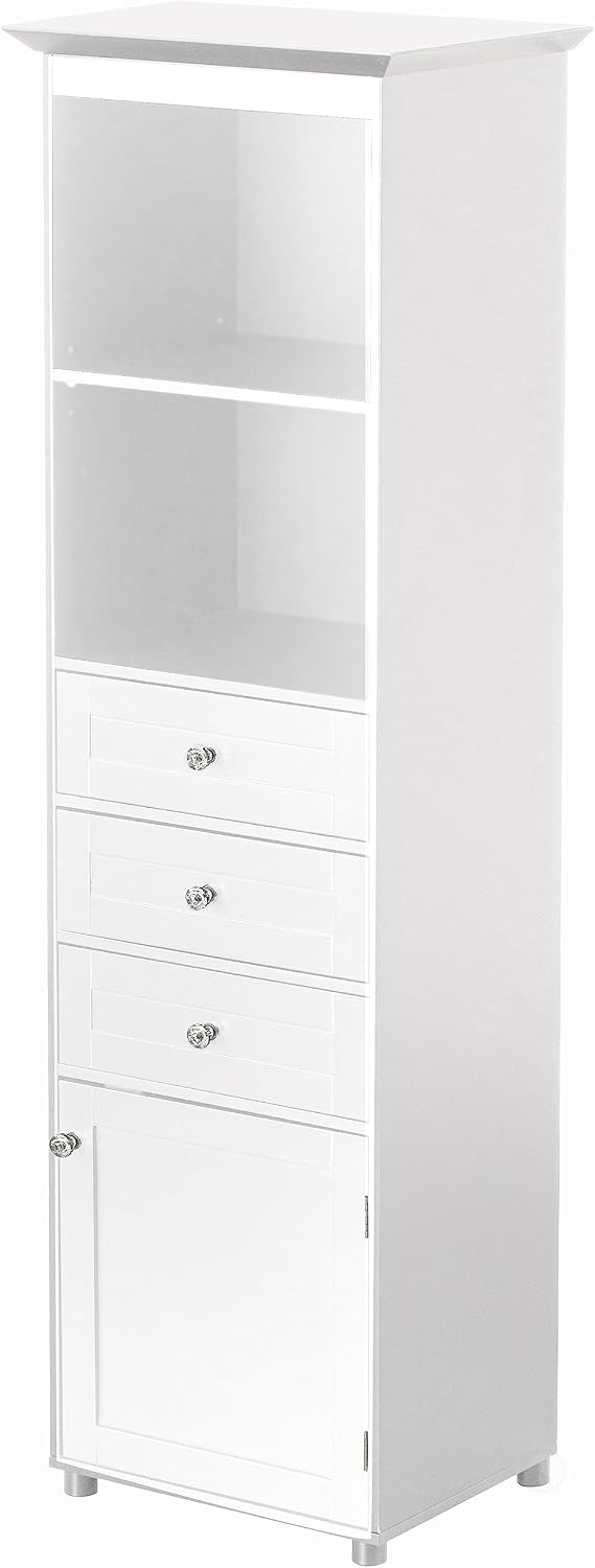 Basicwise Freestanding Storage Cabinet with Shelves Drawers & Door Linen Tower Organizer for Towels Toiletries and Essentials Floor Standing Cupboard for Bathroom or Laundry Room, White