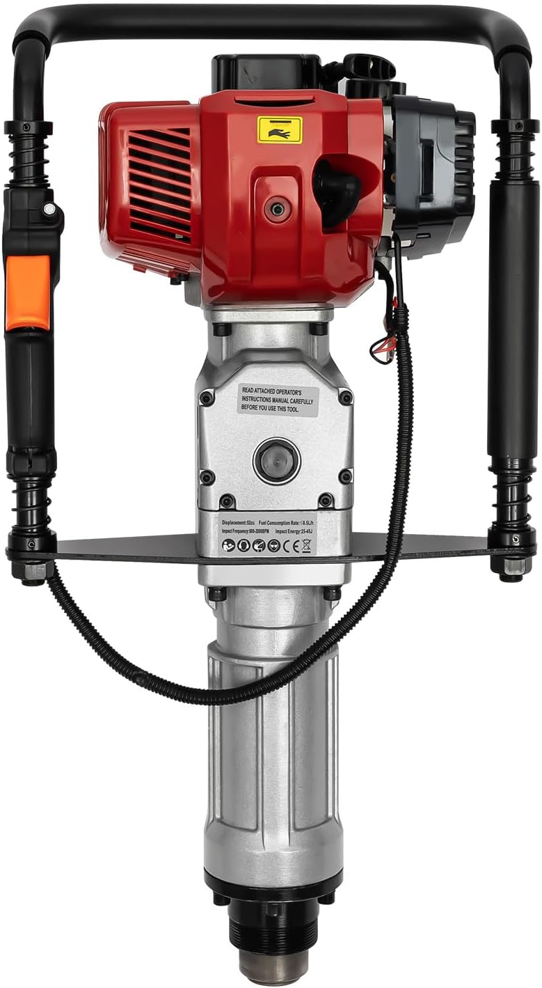 52CC 2 Stroke Gas Powered T-Post Driver, 1900W Gas Post Pounder Pile Driver, Single Cylinder Air Cooled Fence Post Driver Hammer with Hand Pull Start & 0.26 Gal Fuel Tank for Gardening Road Fencing
