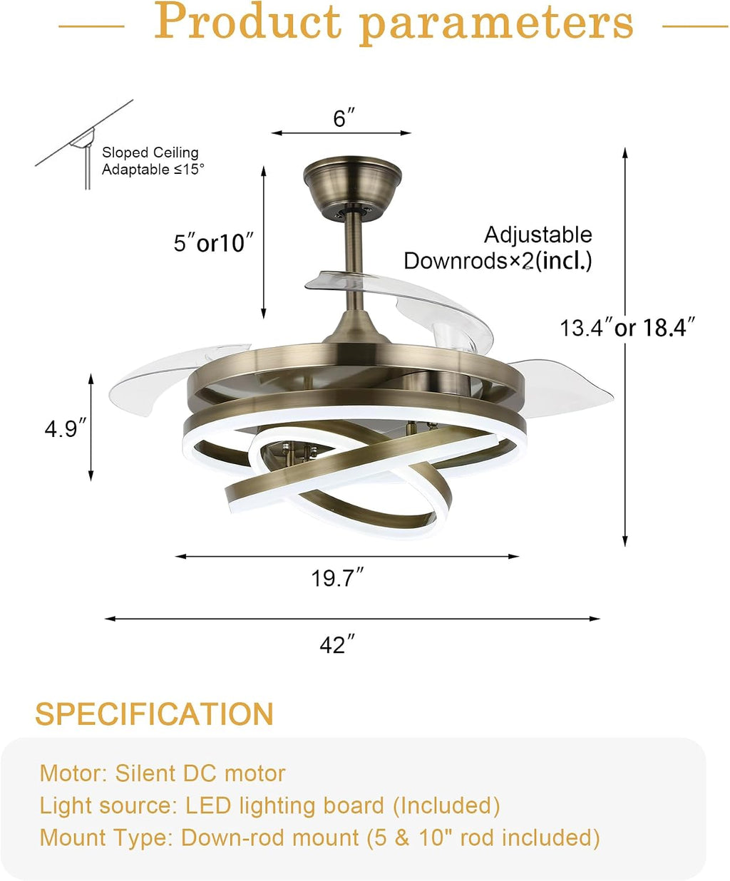 42' Retractable Fandelier Ceiling Fan with Lights Remote - Silent Dimmable Modern 6 Speed LED Chandelier Fan for Bedroom Living Room Kitchen