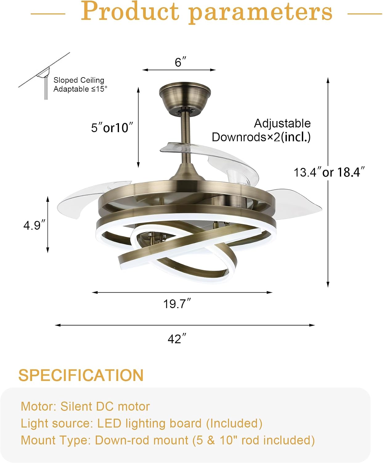 42' Retractable Fandelier Ceiling Fan with Lights Remote - Silent Dimmable Modern 6 Speed LED Chandelier Fan for Bedroom Living Room Kitchen