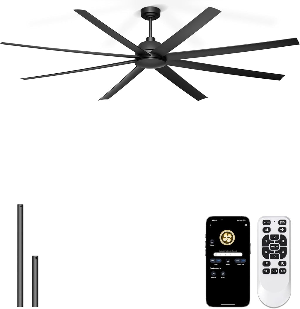 84'' Ceiling Fans No Light - Remote & APP Control, Large Industrial DC Motor Fan for Covered Outdoor Patios, Shop, Garage, Black without Light