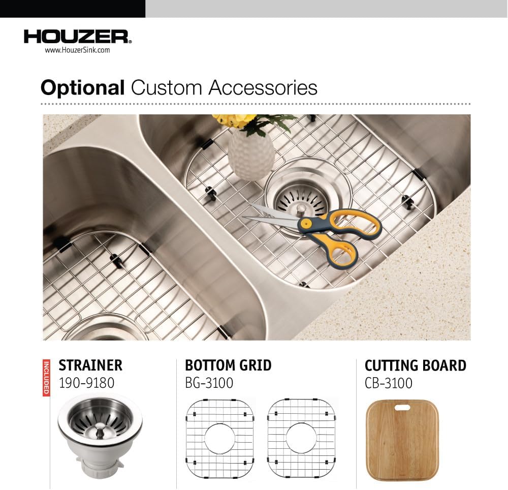 Houzer Elite Stainless Steel Kitchen Sink: 31 Inch Undermount 50/50 Double Bowl Sink with Strainer, Durable & Versatile, Essential for Home & Apartment: ED-3108-1
