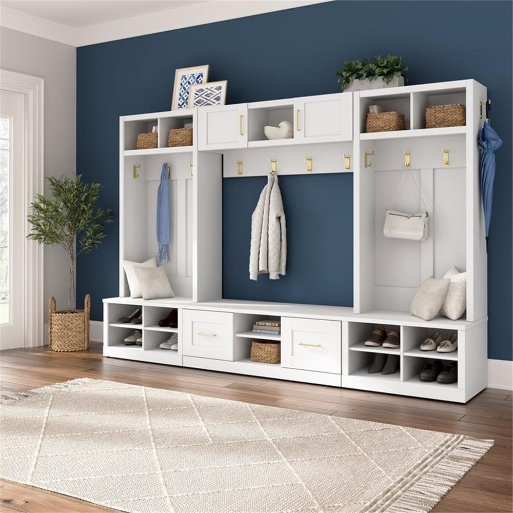 Bush Home Hampton Heights 30W Shoe Storage Bench in White, Narrow Footwear Organizer for Home Entryway, Mudroom, and Foyer