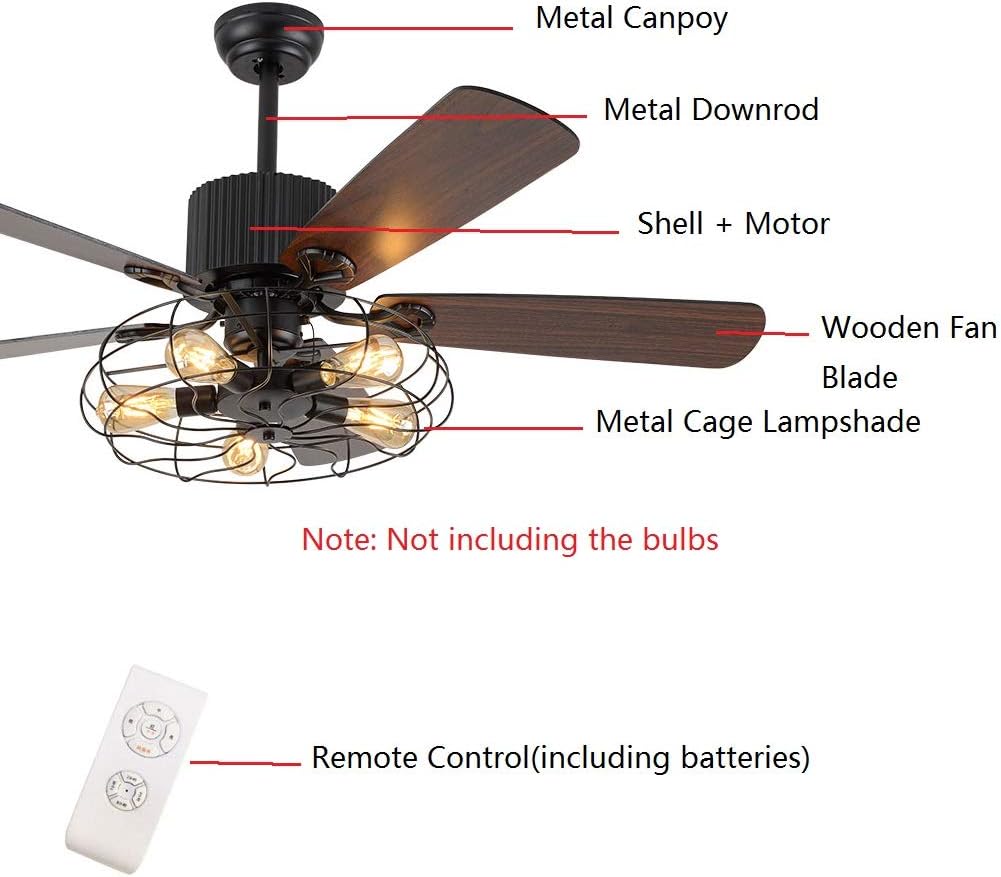 52 Inch Black Ceiling Fan with LED Light and Remote Control,Creative Design Chandelier Fan Light with 5 Wood Reversible Blades Black Metal Lampshades,Quiet Motor