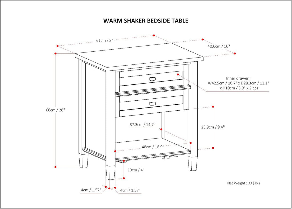SIMPLIHOME Warm Shaker Bedside Table - 24 inch Wide Solid Wood Nightstand in Fog Grey, Transitional Bedroom Side or End Table with 2 Drawers, Open Shelf Storage and Brushed Nickel Hardware