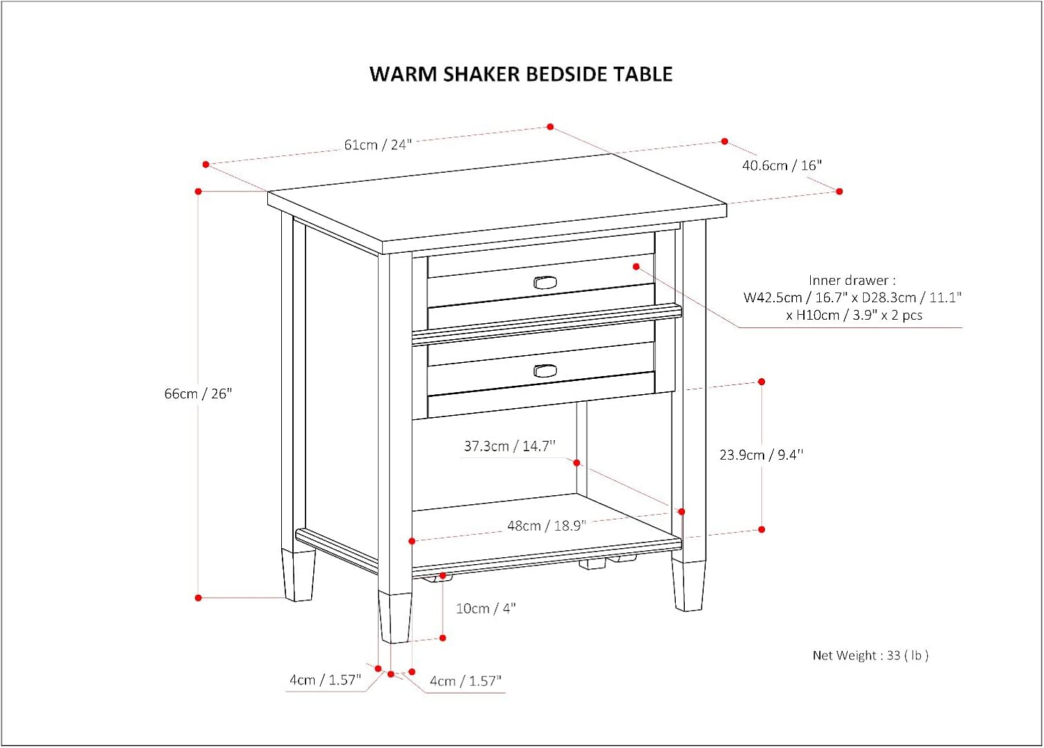SIMPLIHOME Warm Shaker Bedside Table - 24 inch Wide Solid Wood Nightstand in Fog Grey, Transitional Bedroom Side or End Table with 2 Drawers, Open Shelf Storage and Brushed Nickel Hardware