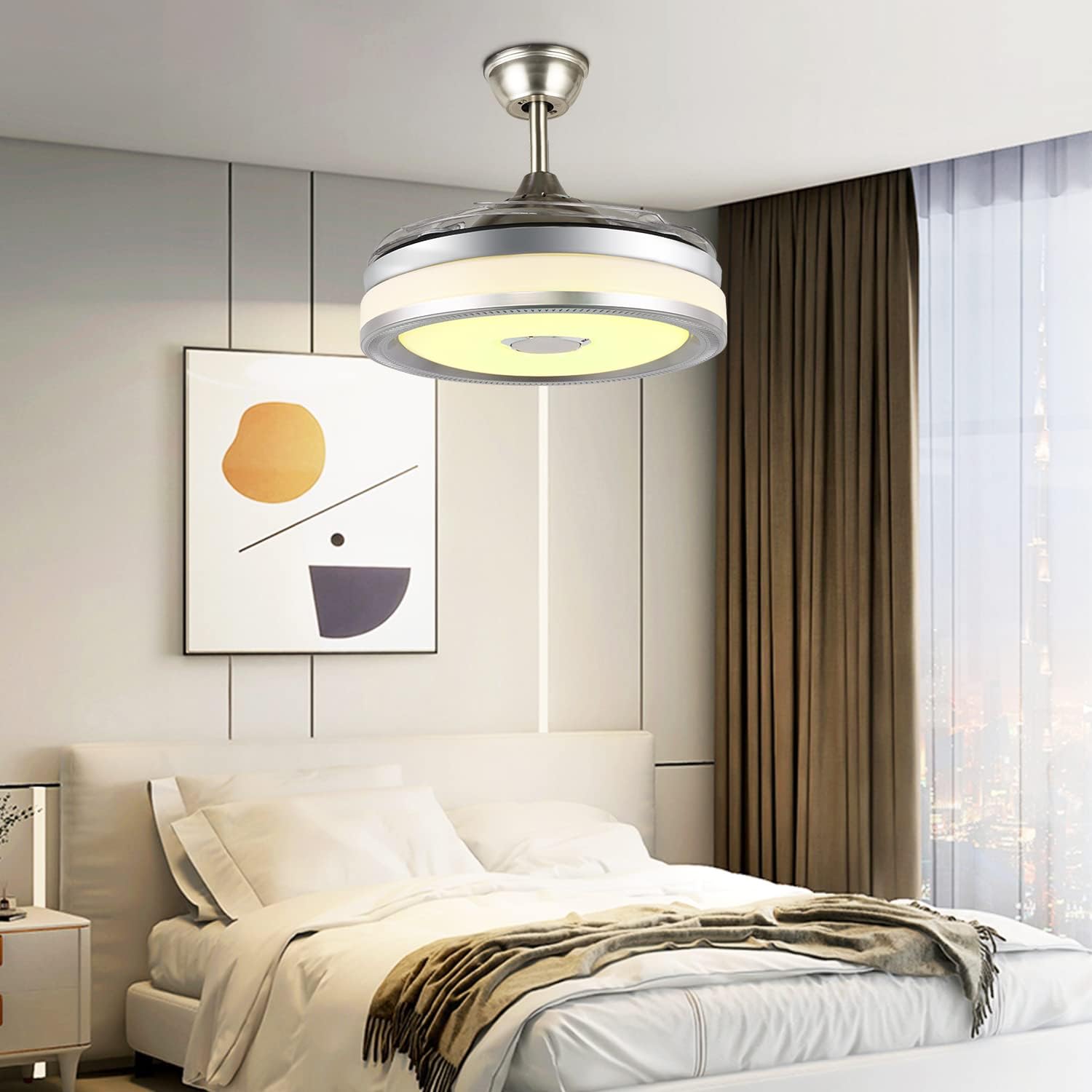 42' Modern Retractable Bluetooth Ceiling Fans with Lights and Remote Control, Invisible Chandelier Fan Lighting with Speaker Play Music 7 Colorful Dimmable Fixture for Bedroom/Living/Room