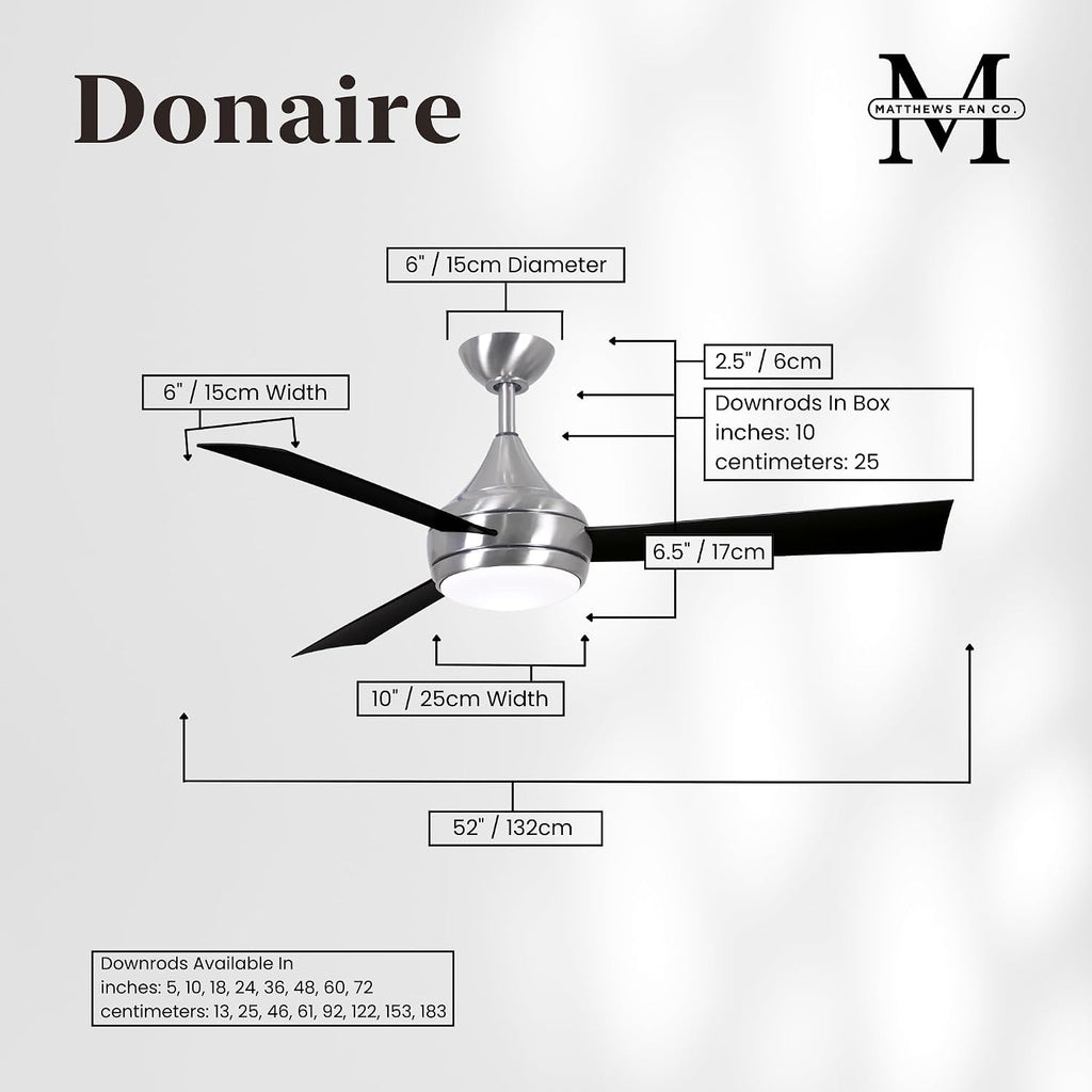 Matthews DA-BS-BK Donaire Outdoor Wet/Salt Water Rated 52' Marine-Grade Coastal Ceiling Fan with LED Light & Remote, Brushed Stainless with Black