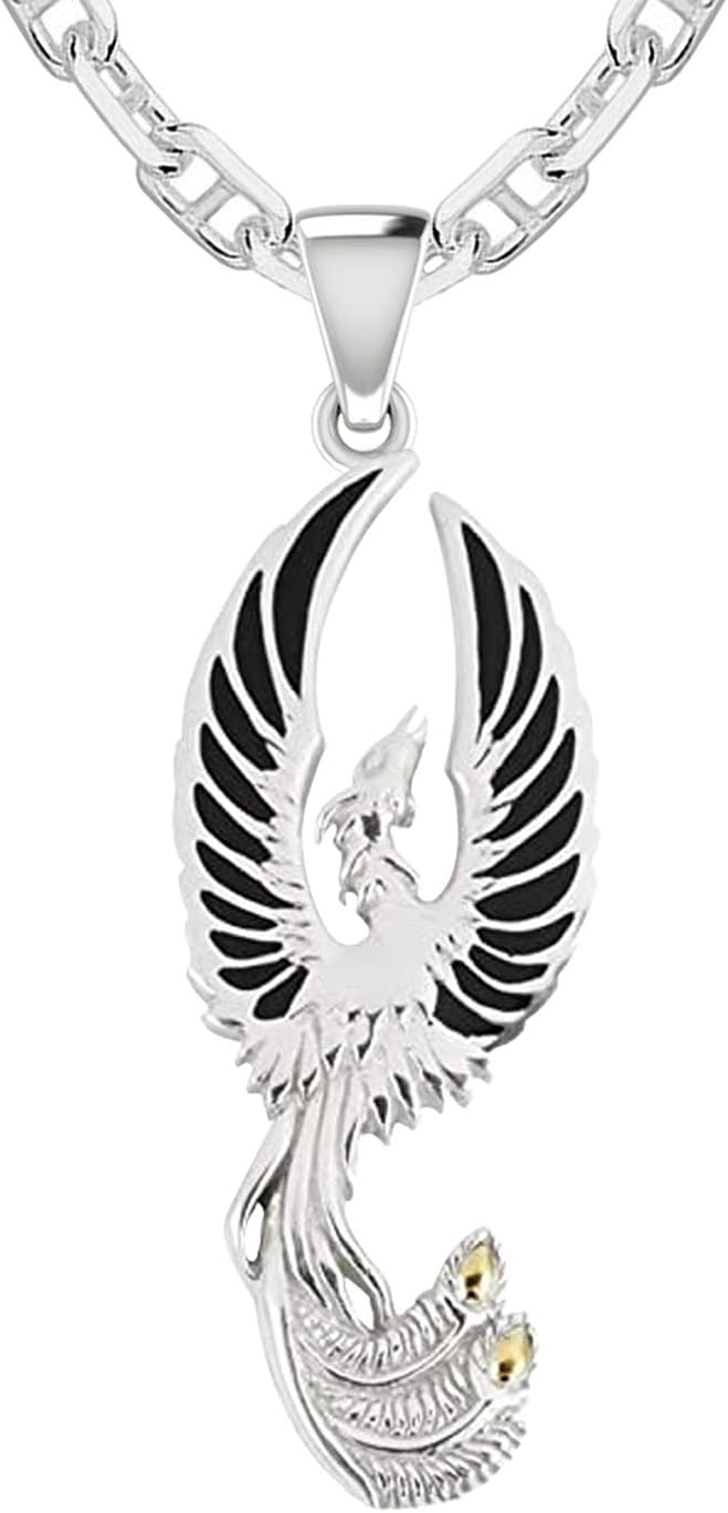 US Jewels Men's 925 Sterling Silver 47.5mm Flying Phoenix Pendant Necklace, 22in to 26in