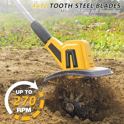 20V Electric Tiller,270 RPM Cordless Soil Tiller Cultivator,22cm Wide & 18cm Deep Garden Rototiller,w/48 Steel Tines,for Courtyard Corner Flower Nursery 2000mAh