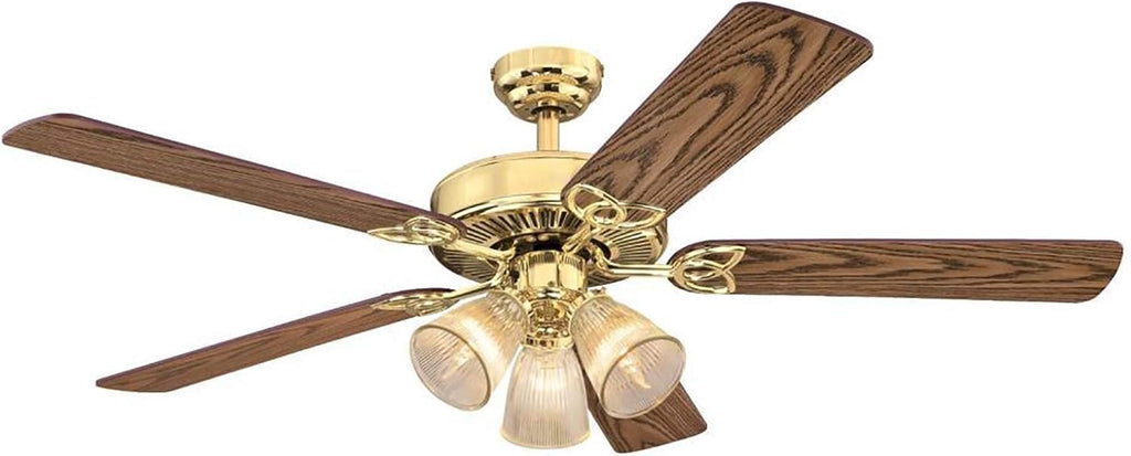 Ciata Lighting 52 Inch Vintage Indoor Ceiling Fan with Dimmable LED Light Fixture and Clear Ribbed Glass in Polished Brass Finish with Reversible Walnut/Oak Blades