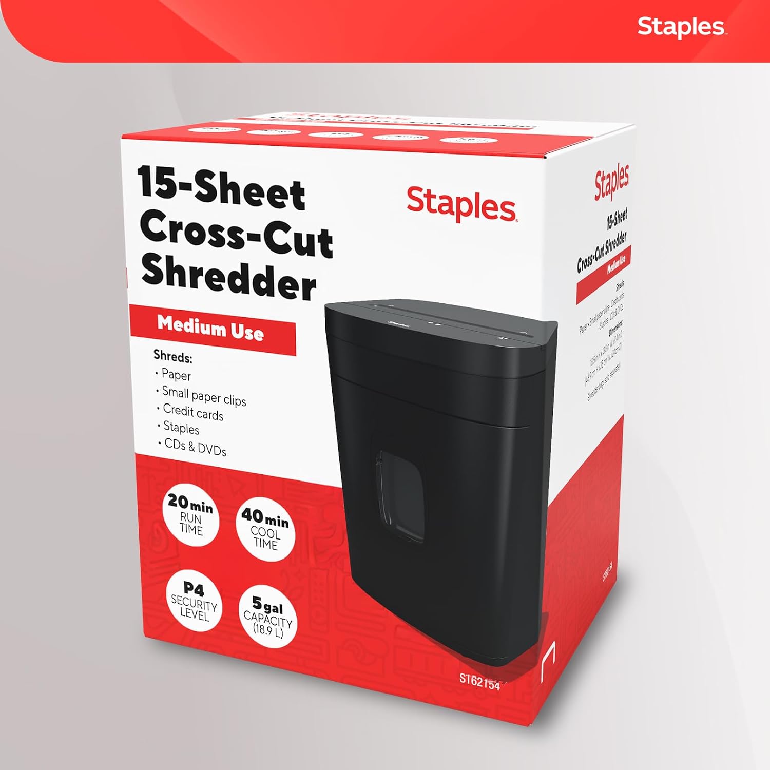Staples 15-Sheet Cross Cut Paper Shredder for Home Office, P-4 Security, 20-Min Run Time, Shreds Paper/Credit Cards/CDs/DVDs, Quiet 65 dB, Auto Start/Stop, 5 Gallon, Black