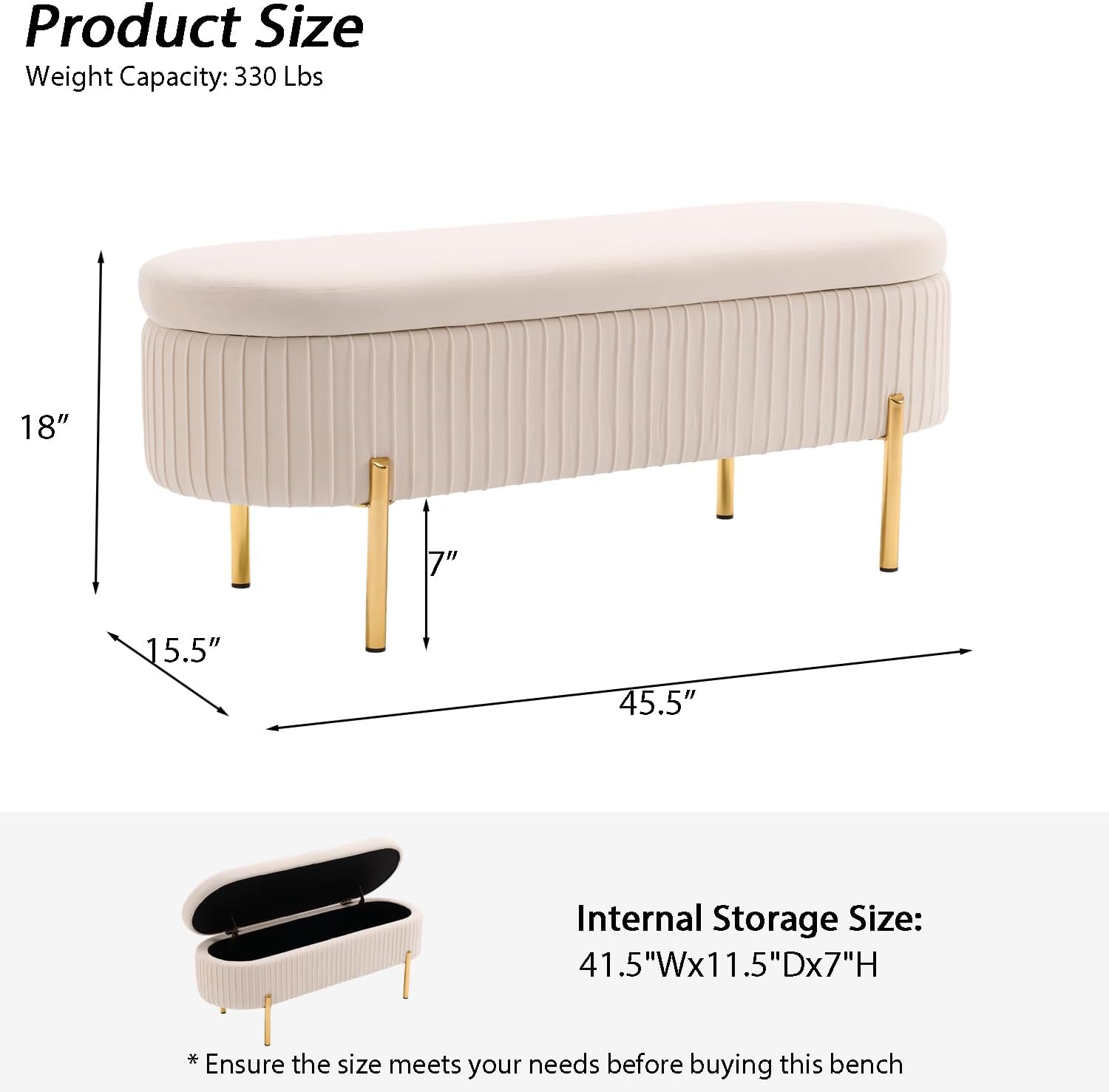 Velvet Storage Bench for Bedroom Upholstered End of Bed Bench Modern Ottoman with Gold Legs for Living Room/Window/Entryway (Ivory White, Oval-45.5' W)
