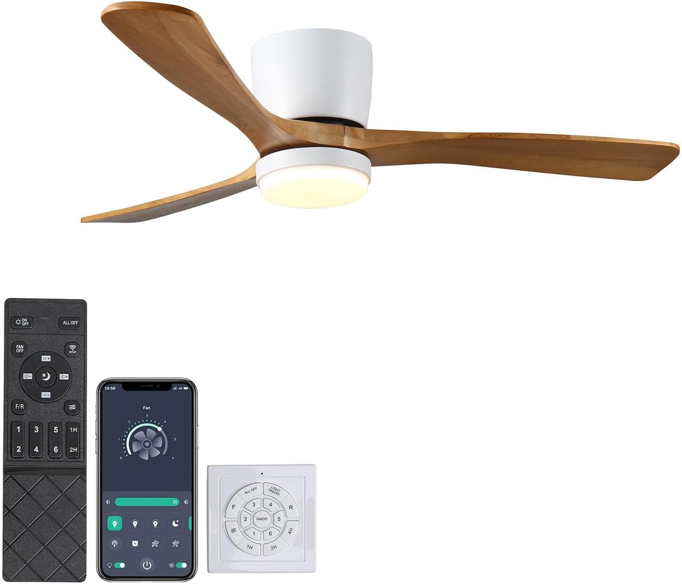 42' Ceiling Fan with Lights, Low Profile Wood Flush Mount Fan with Remote & APP Control, Quiet DC Motor, 6-Speed Reversible, 3CCT Dimmable LED for Bedroom Living Room, White Walnut