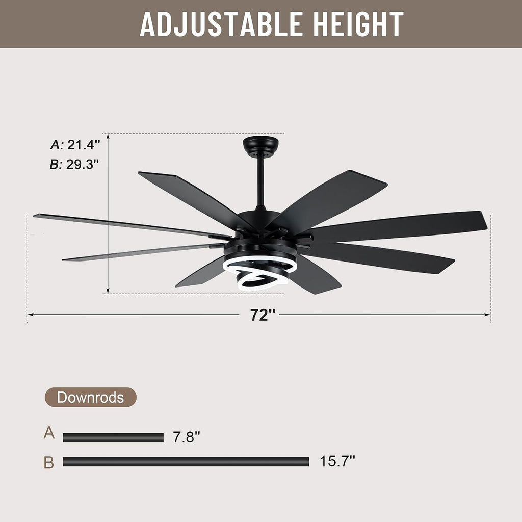 72'' Black Ceiling Fans with Lights and Remote, Indoor/Outdoor Large Chandelier Fan with DIY Rings LED,Fandelier Ceiling Fans with Lights for Living Room/Porch/Patio