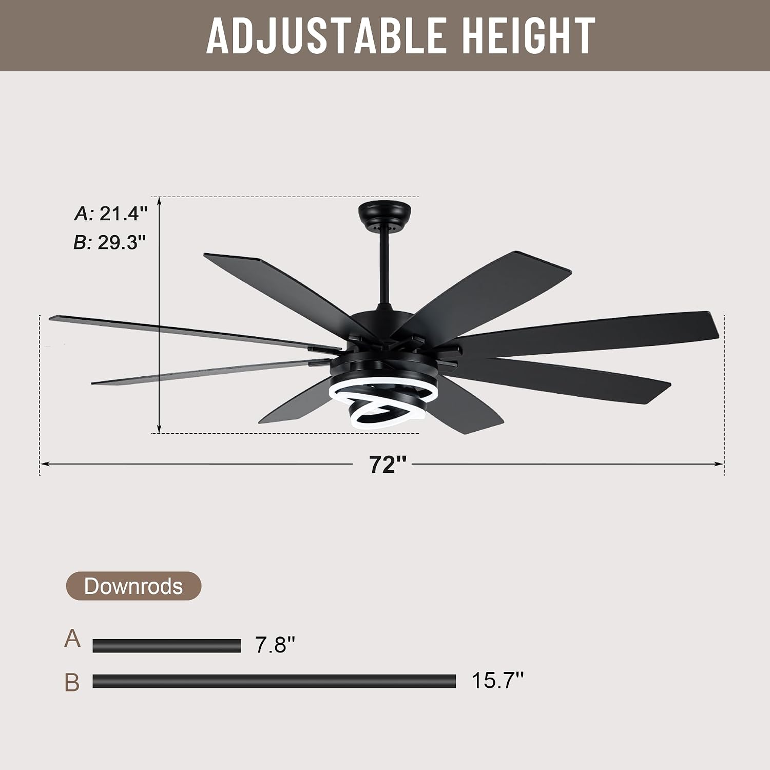 72'' Black Ceiling Fans with Lights and Remote, Indoor/Outdoor Large Chandelier Fan with DIY Rings LED,Fandelier Ceiling Fans with Lights for Living Room/Porch/Patio