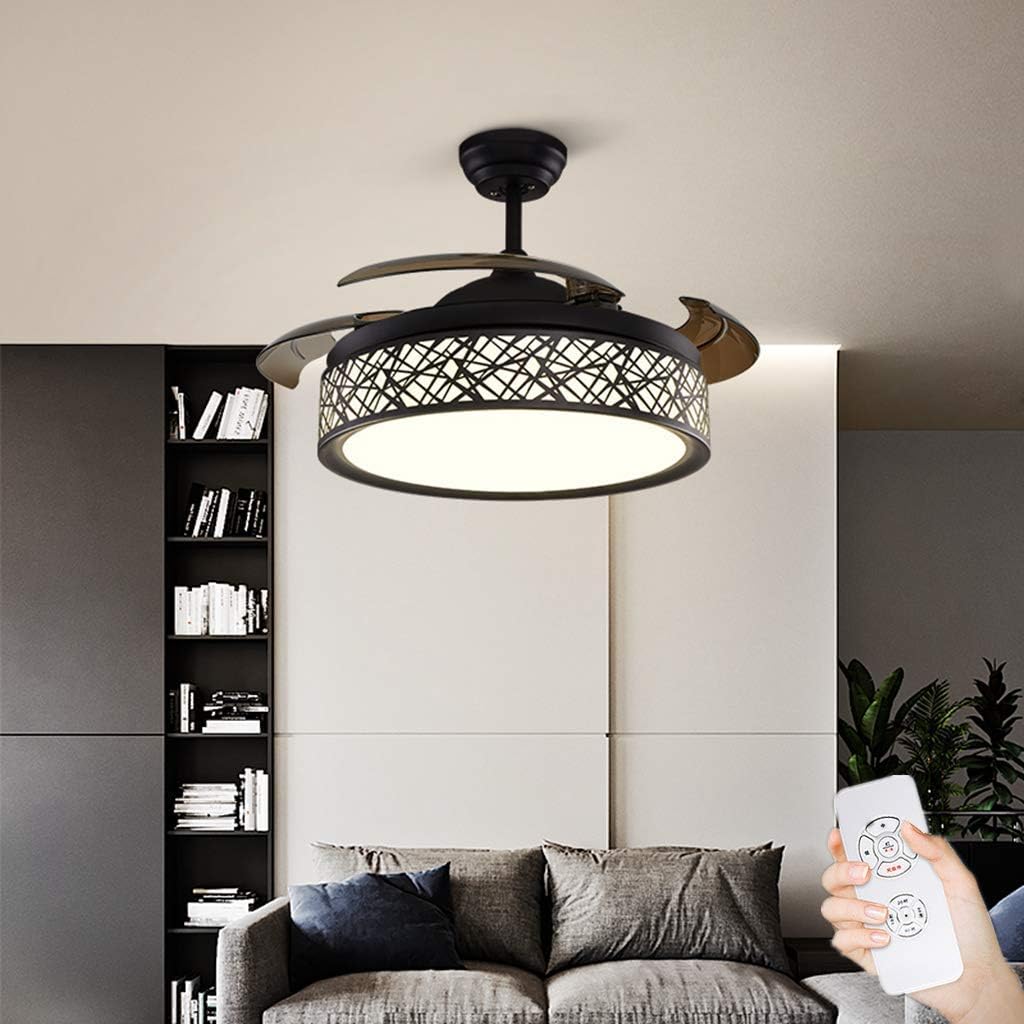 42in Retractable Ceiling Fan with Remote and Lights Black, Modern Silent Chandelier Fans Lighting with 3 Light Colors 3 Speed for Dining/Living Room Hotel