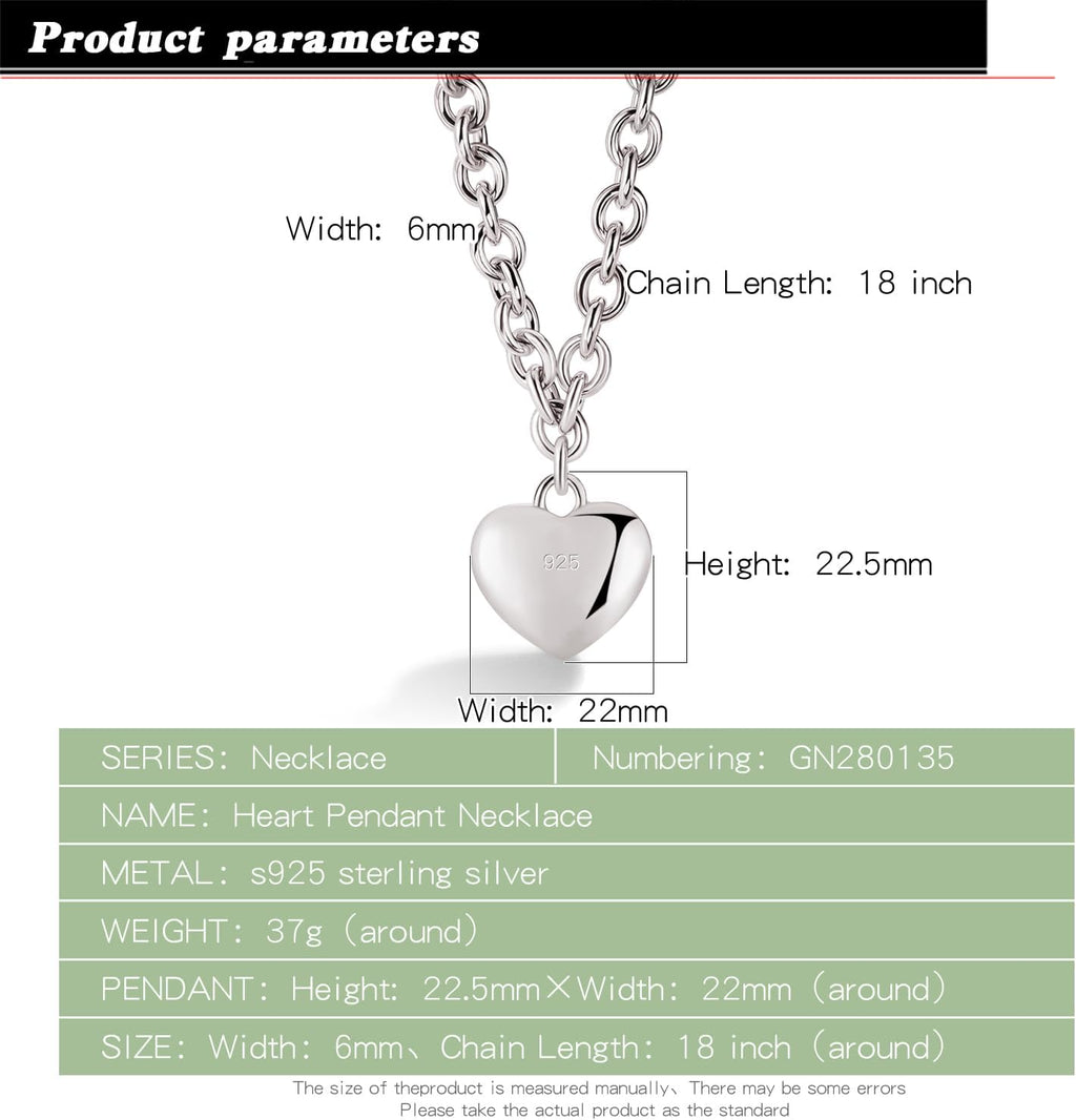 Dankadi Women 925 Sterling Silver Necklace Round Cable Wire Link-Charm Heart-Bell-Square-Circle Pendant Chain Choker Fine Jewelry Gift For Wife Her (6MM Silver Heart Pendant, 18 inch)