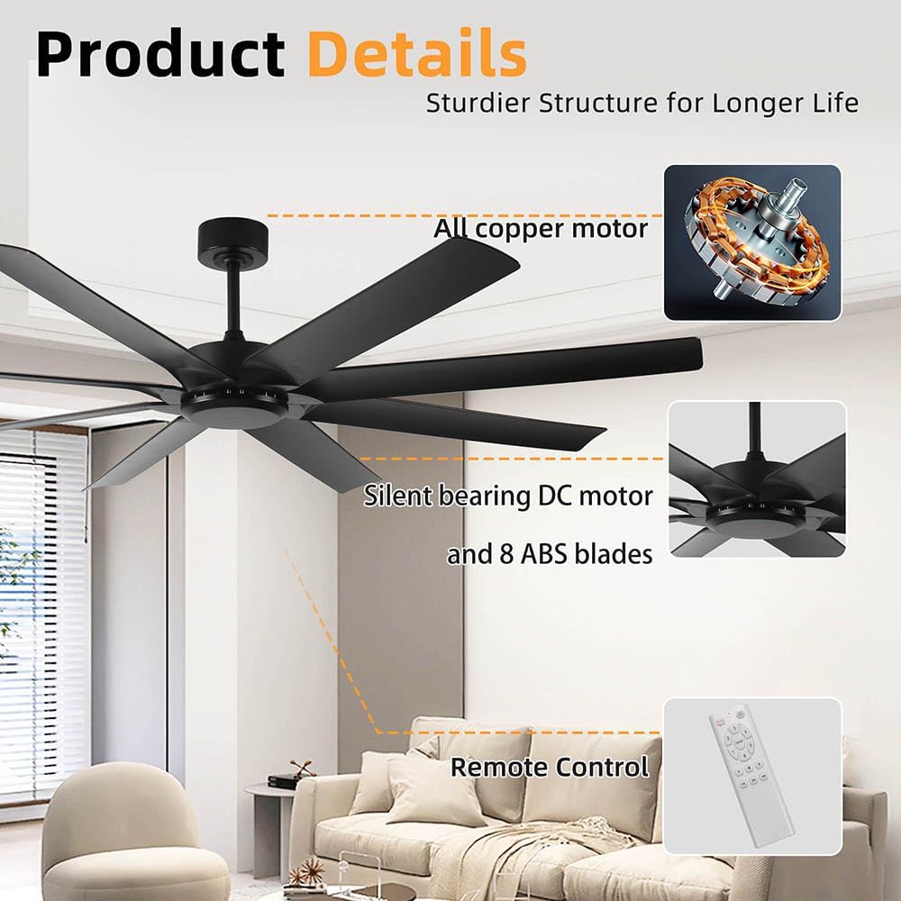 72inch Large Ceiling Fans No light,Industrial Ceiling Fan with 8 Blades(ABS),Reversible DC Motor,Quiet Fans with Remote control,3 Downrods,Black Ceiling Fans for Patio/Porch/Garage/Shop