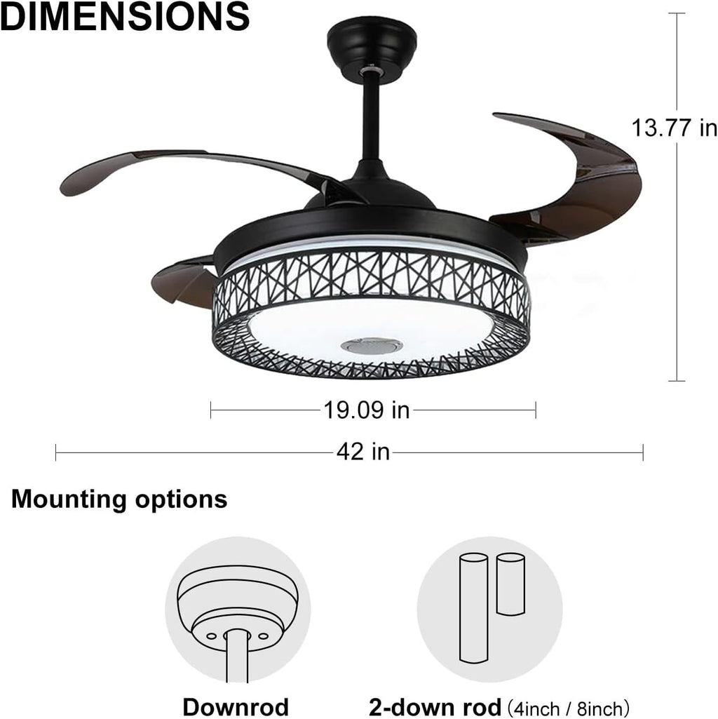 42' Retractable Ceiling Fans with Lights and Remote Control, Invisible Modern Chandelier Fan Lighting with Bluetooth Speaker Play Music 7 Colorful Dimmable Fixture for Bedroom/Living Room