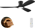 52 Inch Wood Ceiling Fans with Lights Remote,Low Profile Flush Mount Ceiling Fan with Light,Outdoor Indoor Modern Ceiling fan for Bedroom Living room Patio,Matte Black,3 Blades,Dimmable,Ultra-Quiet