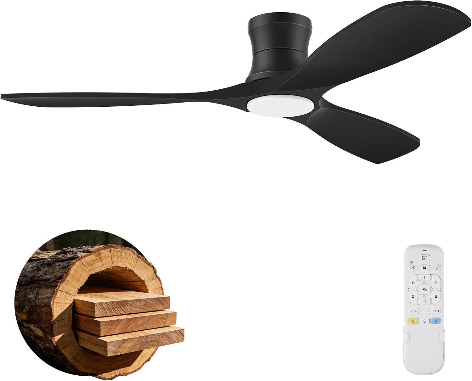 52 Inch Wood Ceiling Fans with Lights Remote,Low Profile Flush Mount Ceiling Fan with Light,Outdoor Indoor Modern Ceiling fan for Bedroom Living room Patio,Matte Black,3 Blades,Dimmable,Ultra-Quiet