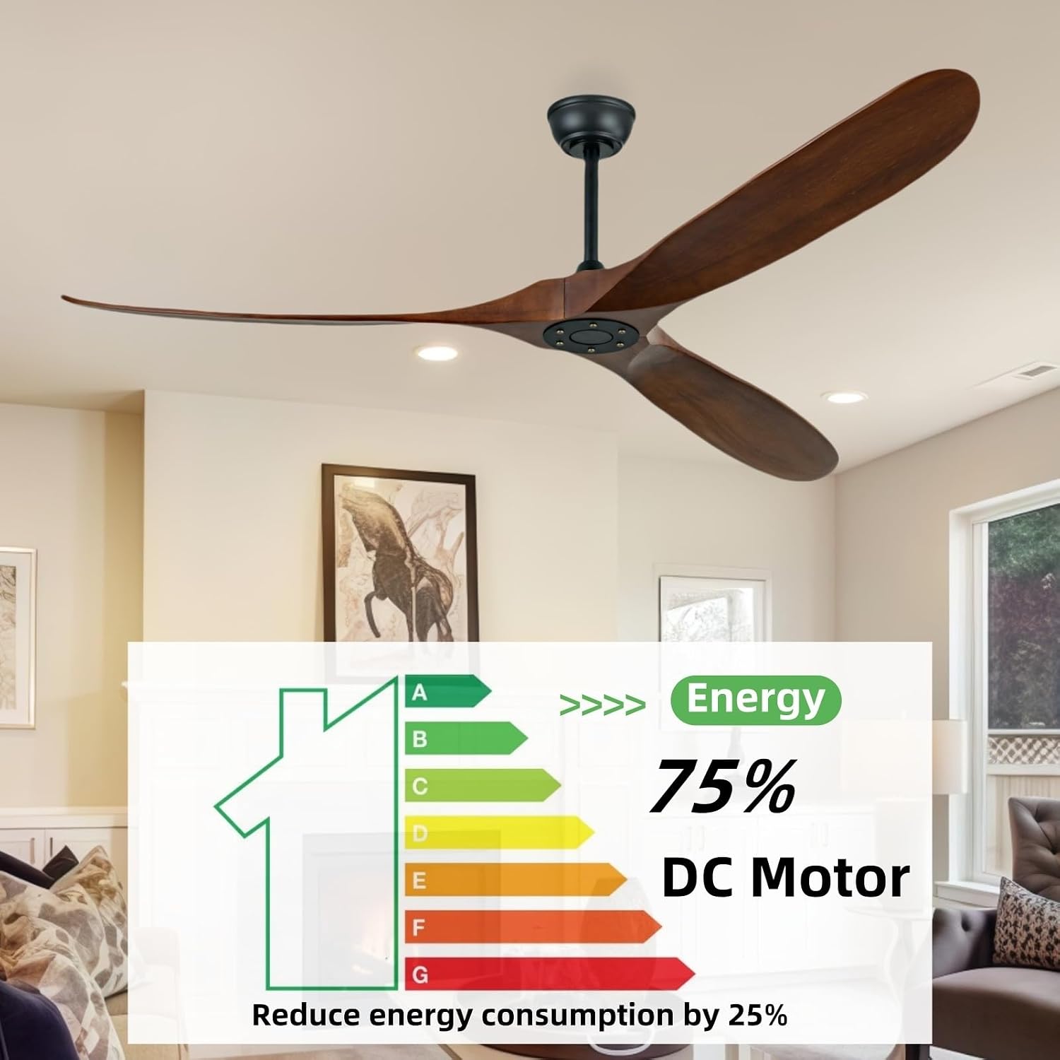 72 inch Ceiling Fan Without Light, 3 Solid Wood Blades and Remote Control, Modern Ceiling Fan No Light, Suitable for Terrace, Living Room, Farmhouse,Dining Room, Bedroom