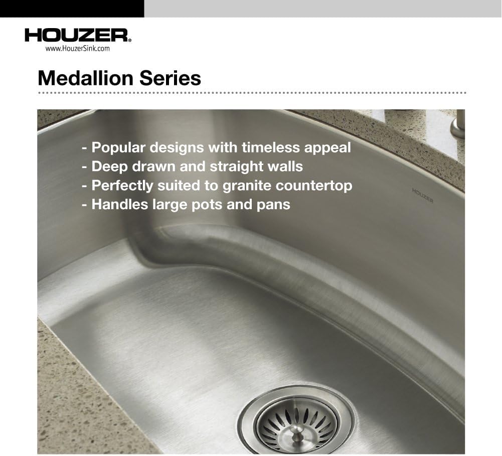 Houzer Medallion Designer Stainless Steel Kitchen Sink: 27 Inch Undermount Single D Bowl Sink with Strainer, Durable & Versatile, Essential for Home & Apartment: MS-2700-1