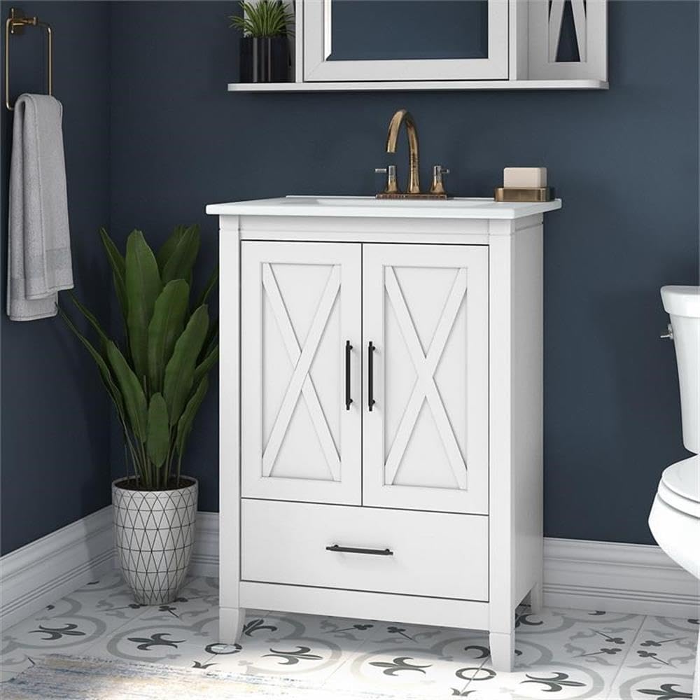 Bush Home Key West 24W Bathroom Vanity with Sink in White Ash | Bath Room Ceramic and Wood Storage Solution for Powder Room