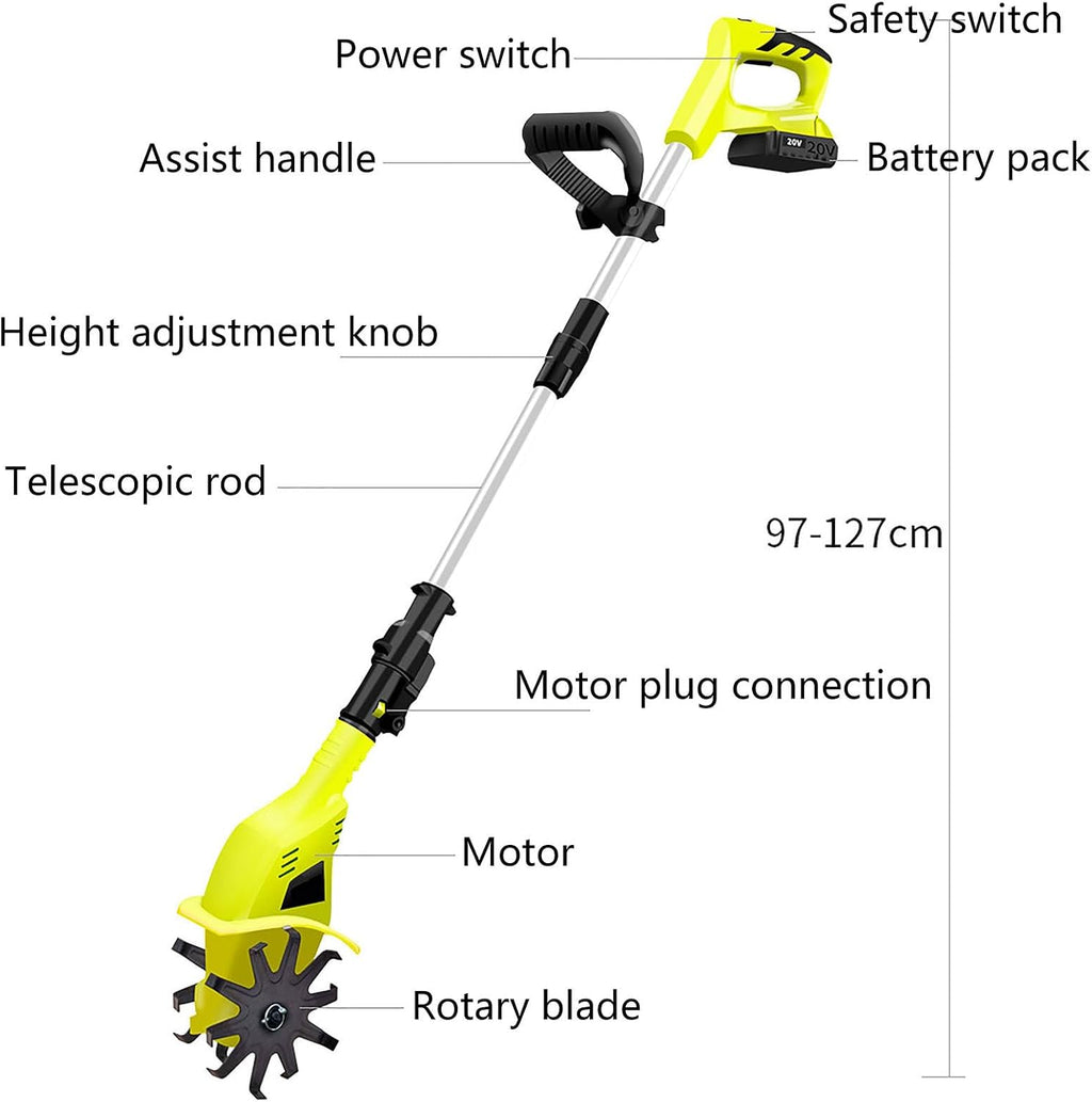 Cordless Tiller Cultivator,250RPM Electric Garden Tiller,with Batteries & Charger,10cm Tilling Width and 20cm,for Lawn/Gardening/Soil Cultivation(Size:2*Battery)
