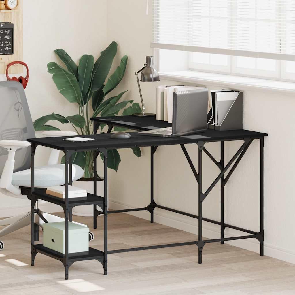 L Shaped Computer Desk with Shelves, Corner Desk L-Shaped Desk PC Desks, PC Work Table for Home Office, Black 54.7'x54.7'x29.5' Engineered Wood,-330
