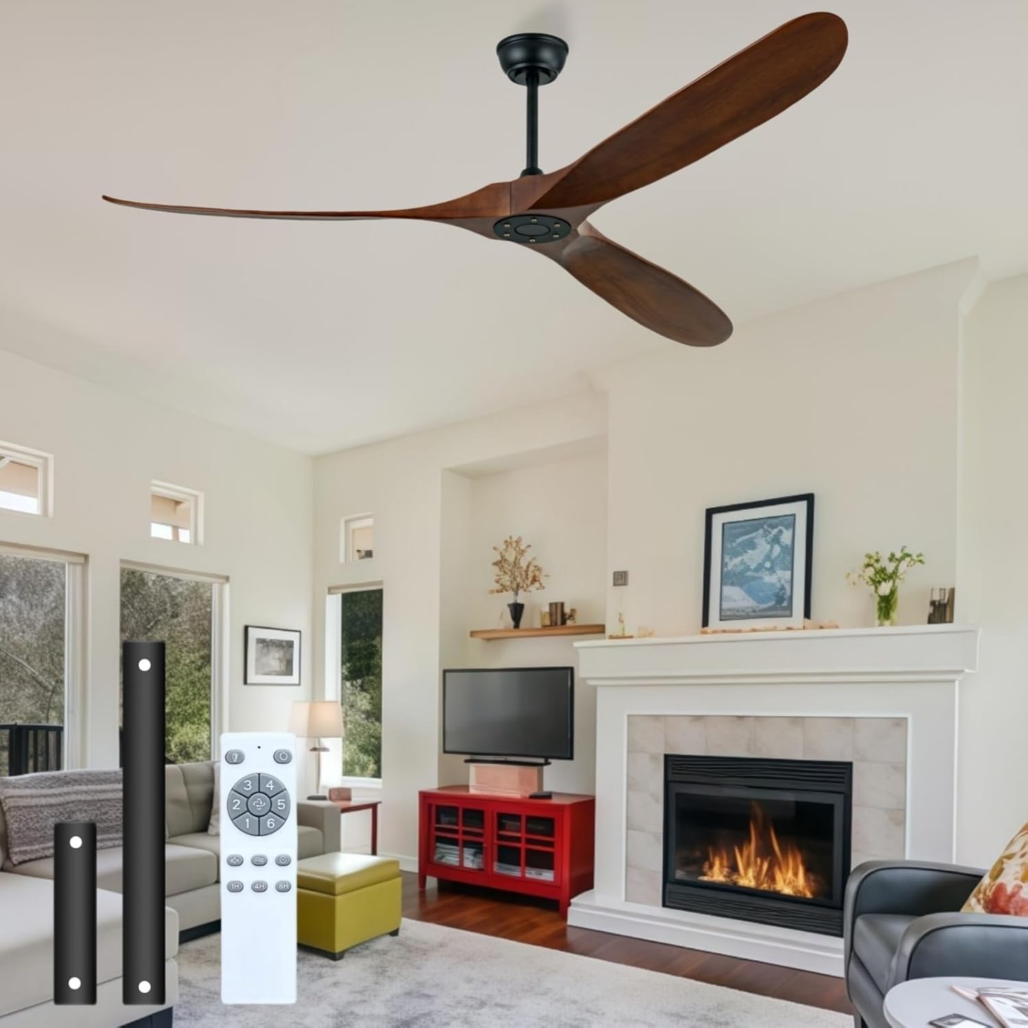 72 inch Ceiling Fan Without Light, 3 Solid Wood Blades and Remote Control, Modern Ceiling Fan No Light, Suitable for Terrace, Living Room, Farmhouse,Dining Room, Bedroom