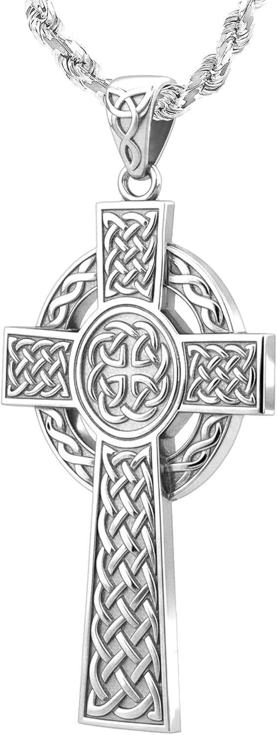 US Jewels Men's 925 Sterling Silver 43mm High Polished Irish Celtic Knot Cross Religious Pendant Necklace, 22in to 26in