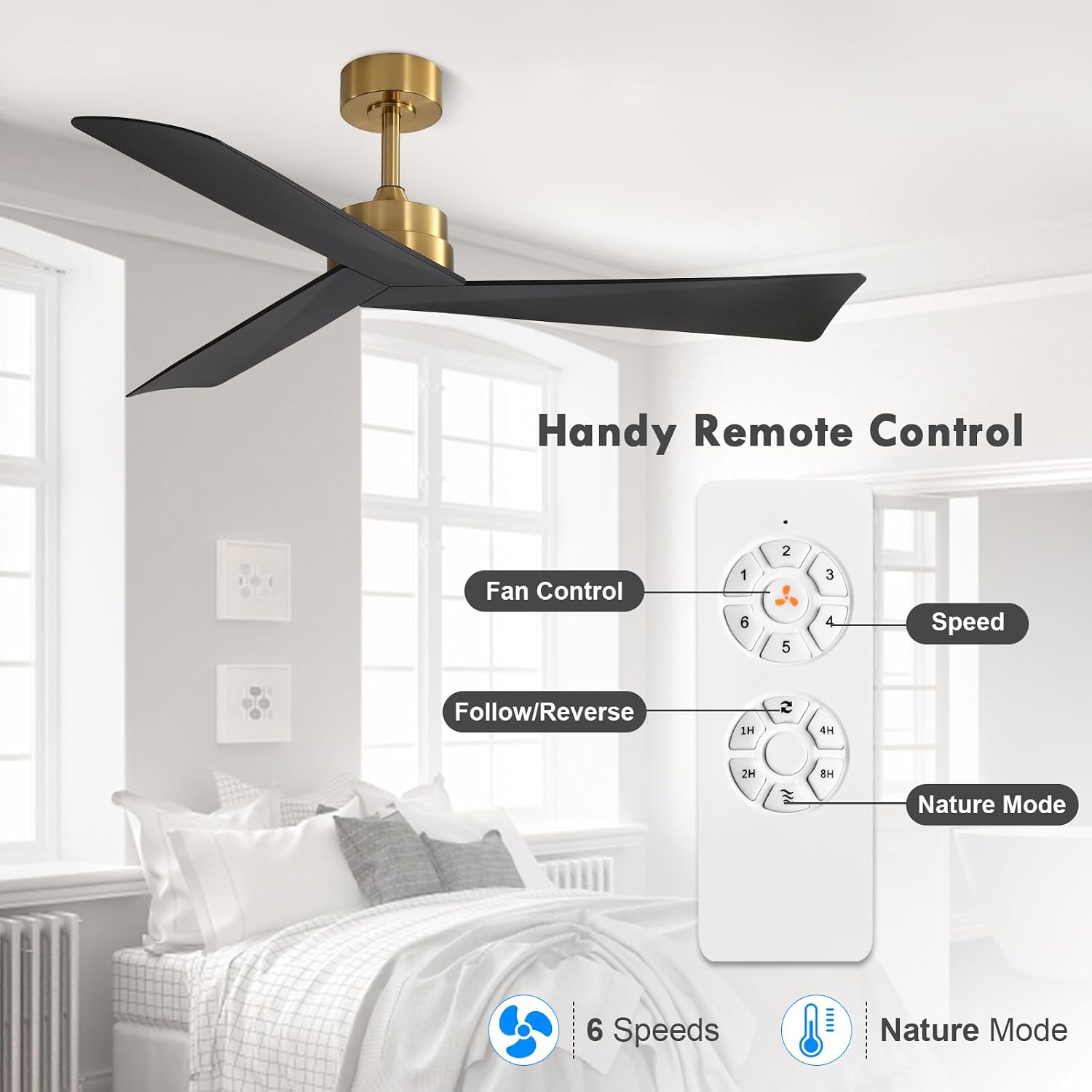 WINGBO 52' DC Ceiling Fan without Lights, Brass and Black Ceiling Fan with Remote, 3 ABS Plastic Blades, 6 Speed Reversible DC Motor, Ceiling Fans No Light for Kitchen Bedroom Living Room