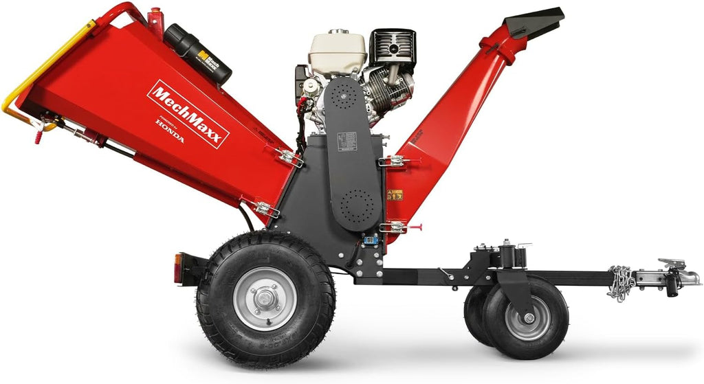 MechMaxx 6'' inch Honda 389cc 11.7HP Electric Start Gasoline Powered Engine 4-Wheels Towable Wood Chipper Shredder Mulcher with Towbar/Tail Light/Emergency Stop Button/Stop Bar, Model B150 Red