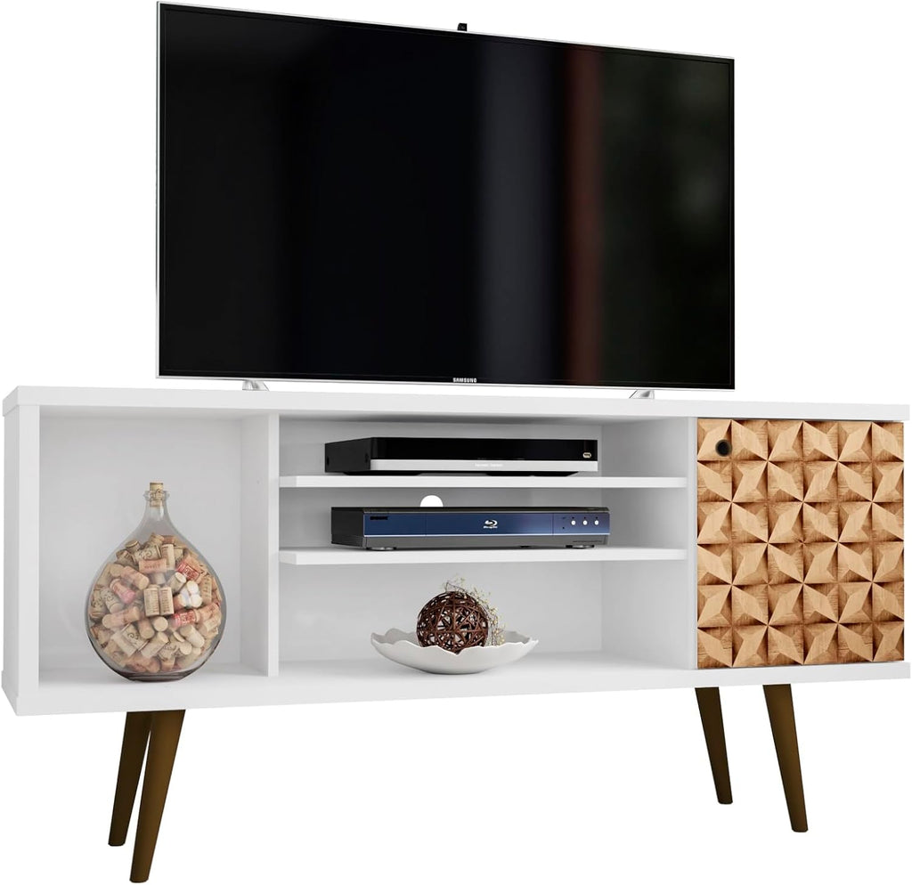 Manhattan Comfort Liberty Mid Century Modern TV Stand for Televisions up to 50 Inches, Bedroom and Living Room Entertainment Center with Storage, Shelves, and Cabinet, 53' Wide, White/3d Print