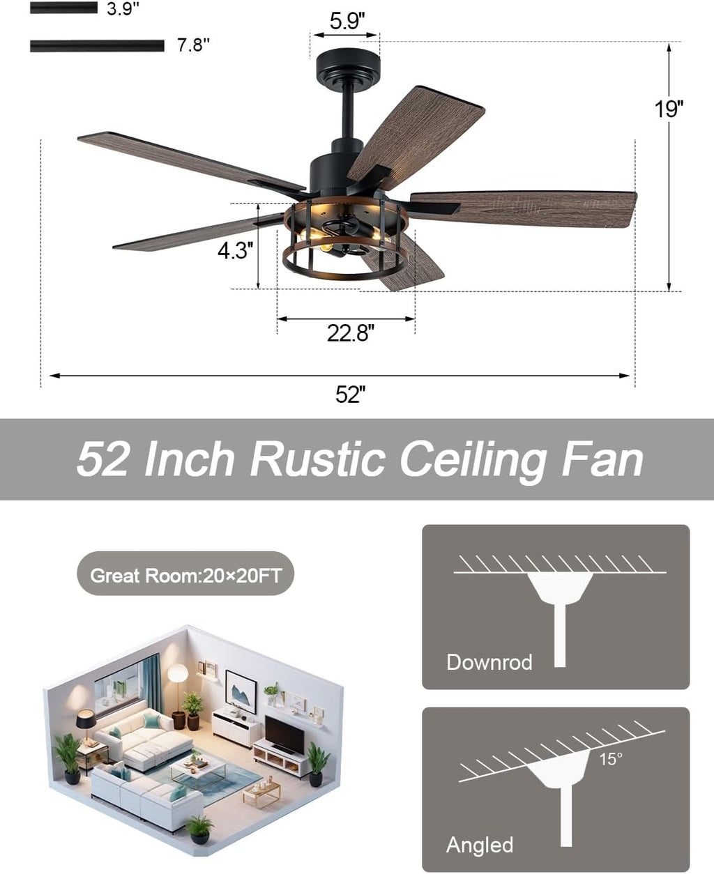 Rustic Ceiling Fan with Lights and Remote, Large Farmhouse Ceiling Fan Caged Fandelier Chandelier, Reversible Quiet DC Motor 6 Speeds for Living Room (Rustic Cage, 52 Inch)